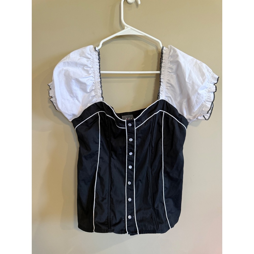 Dots Black White Corset Top Puff‎ Sleeve Square Neck Button Front Women's Size M
